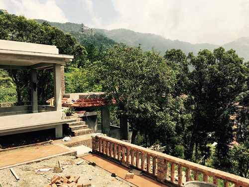 Từ ngôi nhà nhìn ra vườn cây cối chạy dọc bên dưới