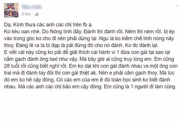 Trước làn sóng chỉ trích mình, T.Anh đã thẳng thắn lên tiếng trình bày về nguyên nhân dẫn đến vụ xô xát cùng hành động tấn công tài xế taxi bằng gạch của mình. T.Anh không hề bao biện, cô thừa nhận lúc đó do bị ô tô ép vào trong góc không đi được nên tính nóng bộc phát, dẫn đến mất bình tĩnh, thiếu kiềm chế nên đã gây sự với người tài xế. T.Anh thừa nhận mình là kẻ "ngu" khi đã không kiềm chế được tính nóng của bản thân và chấp nhận mọi trách nhiệm sau sự việc này.