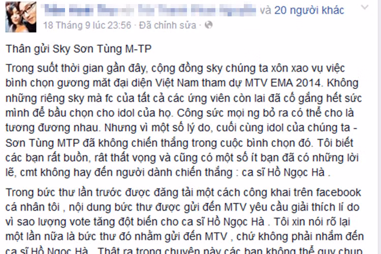 “Vì niềm tự hào dân tộc, fan tụi em sẵn sàng vận động các bạn bầu chọn cho đại diện của Việt Nam", một fan của Sơn Tùng viết trong một status kêu gọi các Sky gạt đi nỗi buồn riêng để ủng hộ Hà Hồ. (Ảnh: Zing)