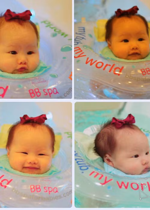 Phan Như Thảo khoe ảnh con gái sở hữu hai má phúng phính dễ thương khi được bố mẹ cho tập bơi lúc còn rất nhỏ. (Ảnh: FBNV)