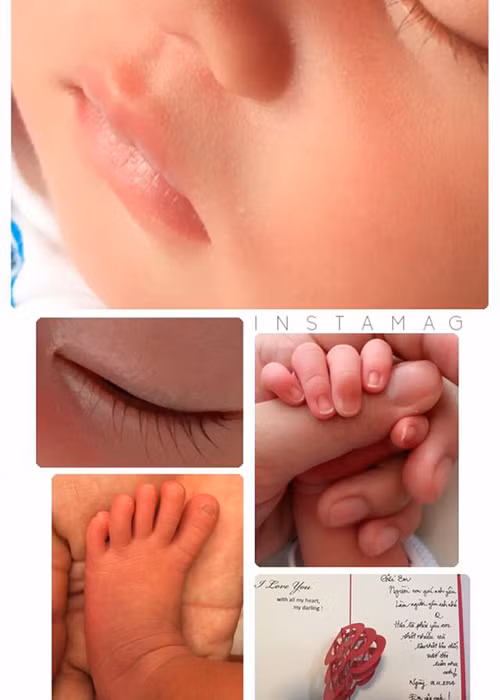 Nữ diễn viên phim “Scandal” khoe bàn tay, bàn chân và một phần gương mặt con lúc mới chào đời. (Ảnh: Facebook Vân Trang)