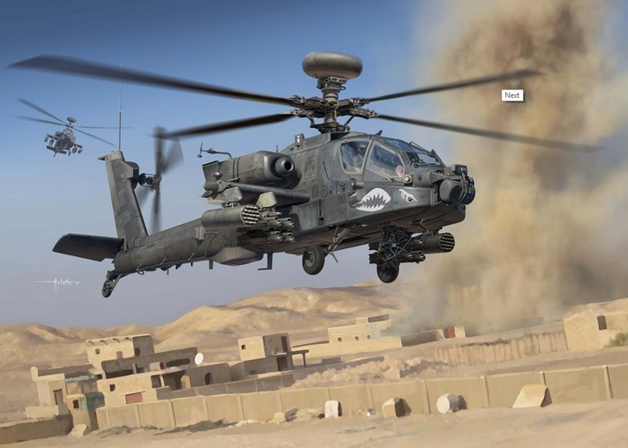 AH-64E có 2 cánh phụ hai bên hông với 2 điểm treo mỗi cánh có thể mang theo 16 tên lửa chống tăng AGM-114 Hellfire, giá phóng rocket không điều khiển Hydra 70mm, tên lửa không đối không tầm thấp AIM-92 Stinger.
