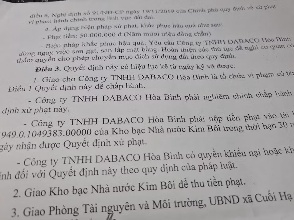 Chua chuyen doi muc dich dat da thi cong, Dabaco Hoa Binh bi xu phat