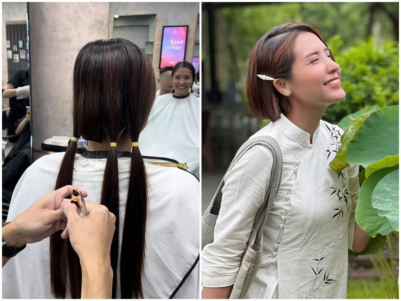 Á hậu Khánh Phương cũng là sao Việt hiến tặng tóc cho Tổ chức Mạng lưới ung thư vú Việt Nam vào năm 2022. Sau đó, người đẹp xuống tóc tu tập trong vòng một tháng. Ảnh: FBNV.