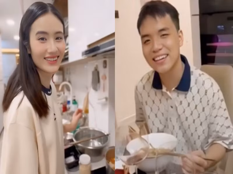 Nàng hậu vào bếp nấu ăn cho bố, em gái và bạn trai. Ảnh: Saostar.