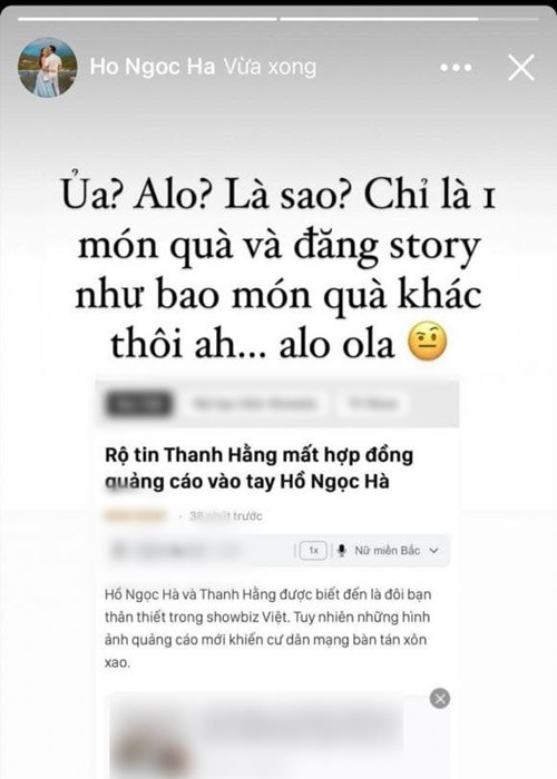 "Ủa, alo? Là sao? Chỉ là một món quà và đăng story như bao món quà khác thôi mà”, Hà Hồ viết trên trang cá nhân.