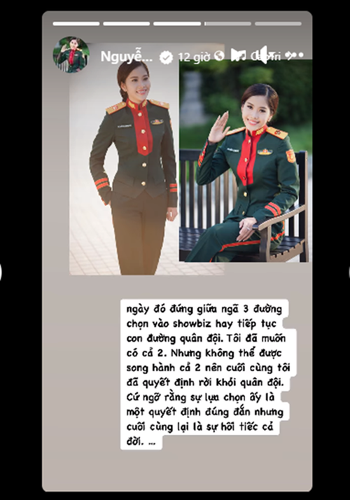 Vào tháng 5, Nam Em nói hối tiếc cả đời khi vào showbiz. Cụ thể, cô chia sẻ hình ảnh ngày còn là học viên của trường Đại học Văn hóa Nghệ thuật Quân đội. Đi kèm với đó, người đẹp viết: "Ngày đó đứng giữa ngã ba đường chọn vào showbiz hay tiếp tục con đường quân đội. Tôi đã muốn có cả hai. Nhưng không thể được song hành cả hai nên cuối cùng tôi đã quyết định rời khỏi quân đội. Cứ ngỡ rằng sự lựa chọn ấy là một quyết định đúng đắn nhưng cuối cùng lại là sự hối tiếc cả đời". Ảnh: FBNV.