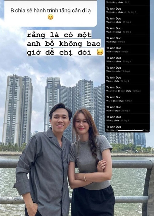 Theo Quỳnh Anh, cô tăng cân vì được Anh Đức chăm lo từng bữa ăn.