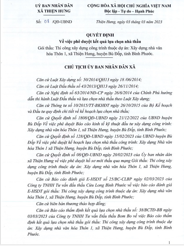 Binh Phuoc: Cty Kien Hung 1 ngay trung 2 goi thau tai xa Thien Hung