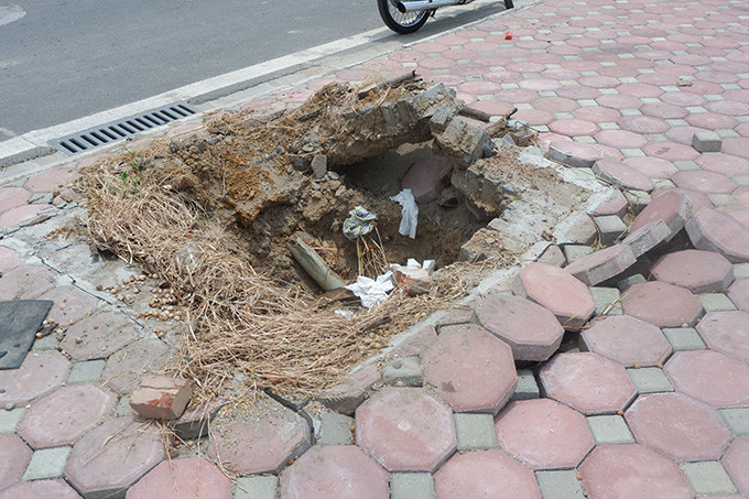 Nhiều cây đã bị chết khô đã được di chuyển đi nơi khác để lại một hố sâu khoảng 50 cm và không lấp lại hố tiềm ẩn nguy hiểm cho người người đi bộ trên vỉa hè. 