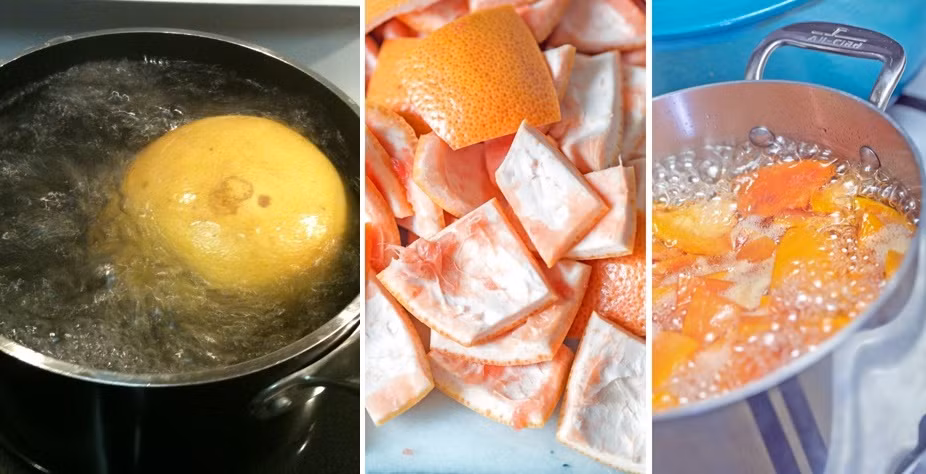 Sau khi luộc bưởi bạn vớt quả bưởi ra, bổ quả bưởi thành 8 phần bằng nhau, rồi lấy dao, lọc phần múi bưởi bên trong, nhớ lọc sạch cả phần xơ trắng bao quanh múi bưởi. Ảnh: Kenhphunu.