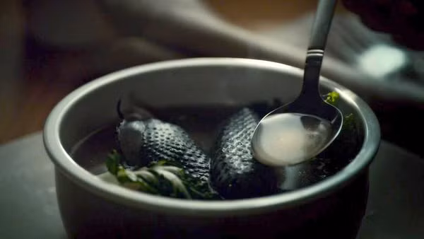 Ngoài ra, bạn có thể cắt riêng 2 đùi gà để tần cùng thuốc bắc và rau ngải cứu để cho sản phụ, người mới ốm dậy và trẻ em ăn. Ảnh: Sotayamthuc.