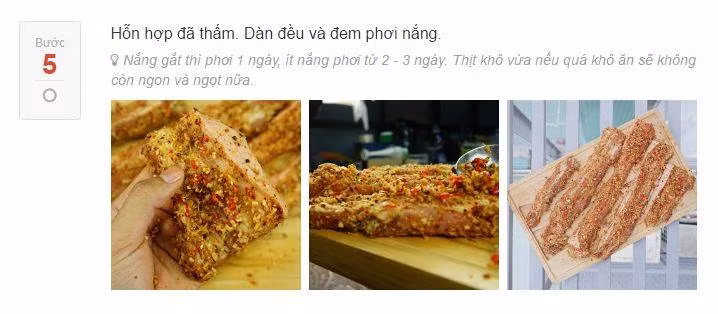 Sau khi thịt ngấm bạn dàn đều miếng thịt, móc thịt vào móc sạch sau đó đem phơi nắng. Nếu nắng to tới 40,41 độ như những ngày vừa qua bạn chỉ cần phơi một nắng từ sáng đến chiều là có thể chế biến được.