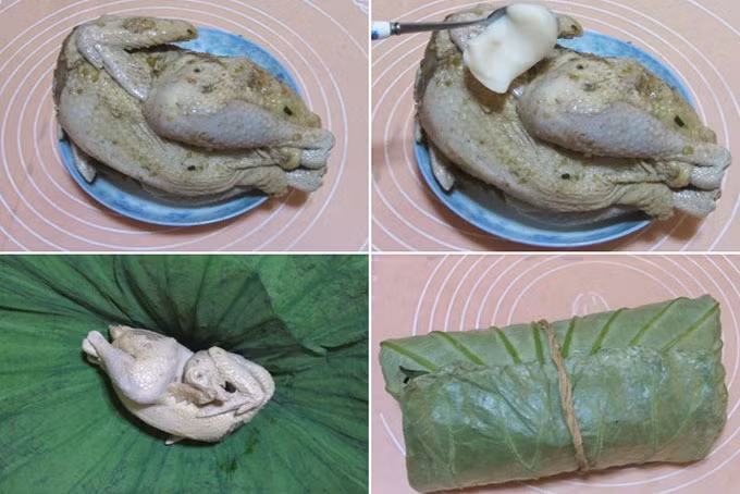 Cách làm: gà bọc lá sen nướng cần phải trải qua nhiều công đoạn khác nhau. Đầu tiên làm sạch gà, sau đó ướp kĩ với các loại gia vị đã chuẩn bị trong khoảng thời gian ít nhất 1 giờ.