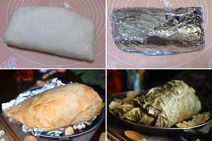 Khi thịt gà chín lấy ra, để lên đĩa cho bớt nhiệt rồi bóc bỏ lớp giấy bạc, lớp bột mỳ và lá sen là bạn đã có thể thưởng thức món gà hấp dẫn.