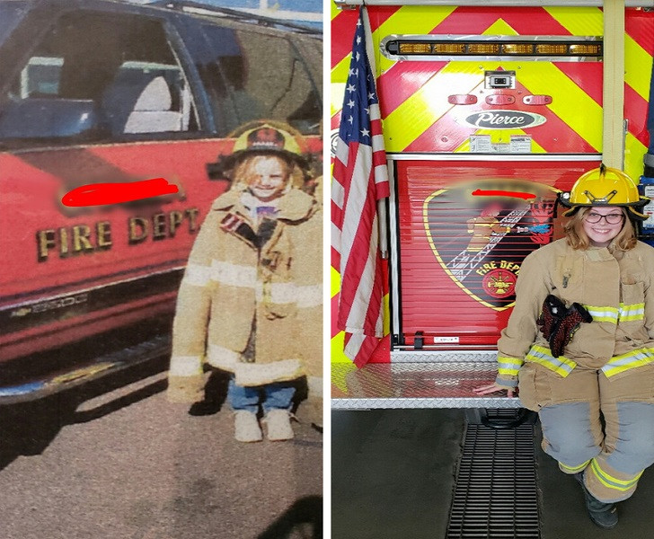 “17 năm sau, cuối cùng tôi đã làm được. Tôi hiện giờ là lính cứu hỏa đời thứ 4 tại sở cứu hỏa nơi bố tôi từng làm việc”, cô gái trong bức ảnh chia sẻ.