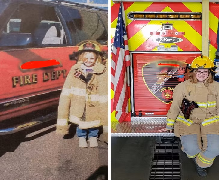 “17 năm sau, cuối cùng tôi đã làm được. Tôi hiện giờ là lính cứu hỏa đời thứ 4 tại sở cứu hỏa nơi bố tôi từng làm việc”, cô gái trong bức ảnh chia sẻ.