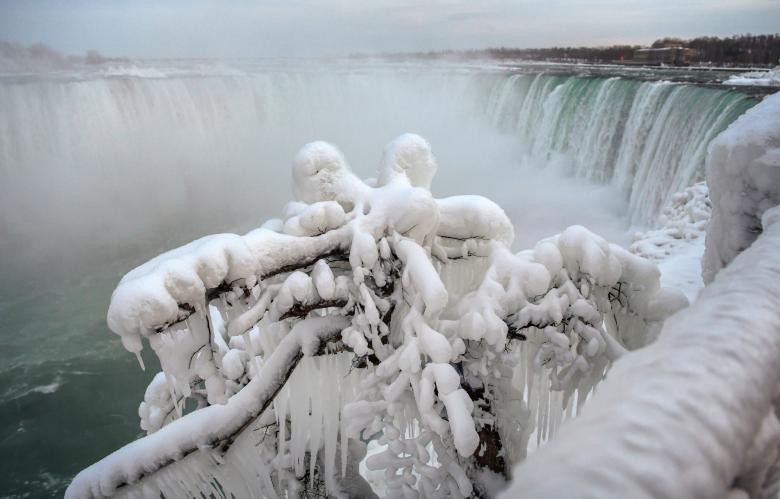 Băng tuyết bao phủ cành cây ở thác Horseshoe, Canada.