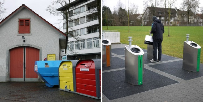 Tại Thụy Sĩ, du khách hiếm thấy rác thải vứt bừa bãi trên đường. Tại Zurich, 43% rác thải được tái chế và các thùng rác đựng giấy, kim loại và thủy tinh được đặt ở khắp nơi trên thành phố này. Ảnh: BS.