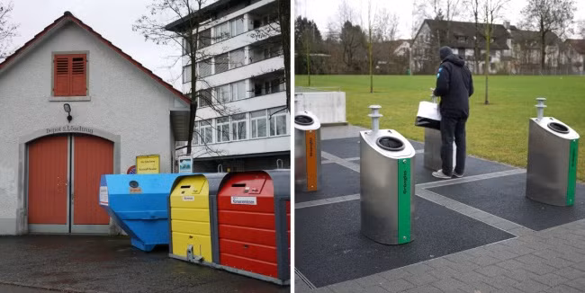 Tại Thụy Sĩ, du khách hiếm thấy rác thải vứt bừa bãi trên đường. Tại Zurich, 43% rác thải được tái chế và các thùng rác đựng giấy, kim loại và thủy tinh được đặt ở khắp nơi trên thành phố này. Ảnh: BS.