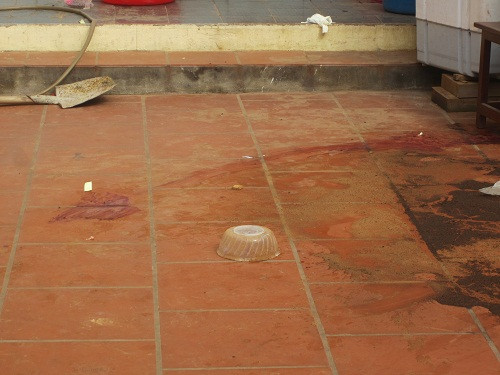 Nhiều vết máu loang lổ trên nền sân.