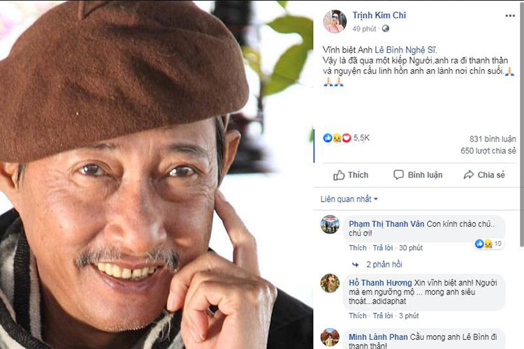 Nghệ sĩ Trịnh Kim Chi cũng bày tỏ niềm tiếc thương trước sự ra đi của nam diễn viên phim "Đất phương nam".