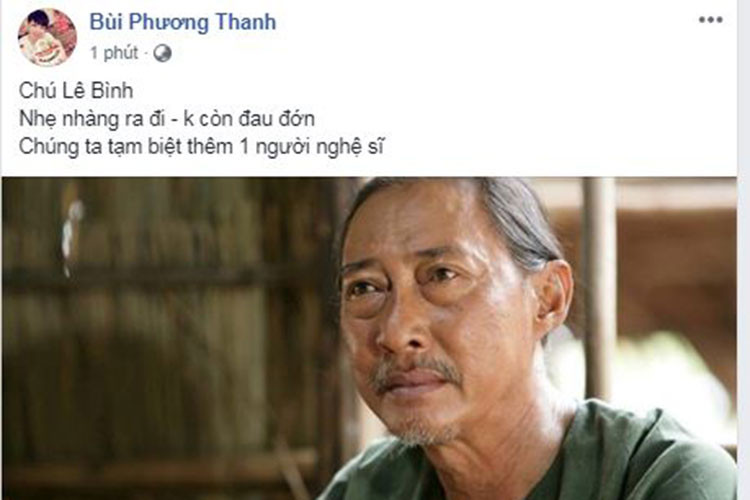Ca sĩ Phương Thanh xót xa khi nghệ sĩ Lê Bình ra đi sau thời gian chống chọi bệnh ung thư.