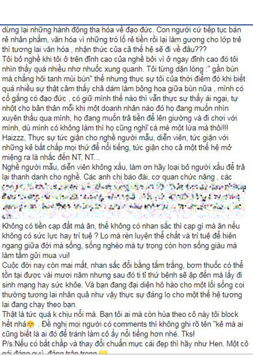 "Không có tiền cạp đất mà ăn, thế không có nhan sắc thì cạp gì mà ăn nếu không có sức lực hay trí tuệ? Lo mà rèn luyện thể chất và trí tuệ để hiên ngang giữa đời mà sống, sống nghèo mà tự trọng còn hơn sống giàu mà làm tầm gửi mua vui", Vũ Thu Phương đá xéo Ngọc Trinh.