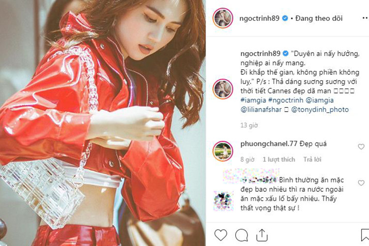 Giữa ồn ào, Ngọc Trinh đăng tải dòng tâm sự: "Duyên ai nấy hưởng, nghiệp ai nấy mang. Đi khắp thế gian, không phiền không lụy".