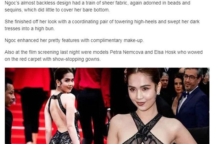 Tờ Express của Anh miêu tả Ngọc Trinh lộ quá nhiều da thịt khi sải bước trên thảm đỏ Cannes.