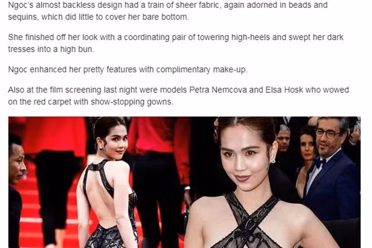 Tờ Express của Anh miêu tả Ngọc Trinh lộ quá nhiều da thịt khi sải bước trên thảm đỏ Cannes.