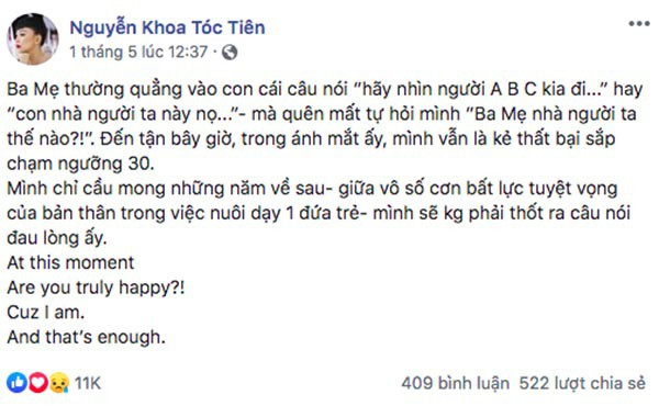 Ca si Toc Tien tam su chuyen bi gia dinh coi la ke that bai