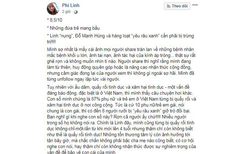 Về bộ ảnh "Những đứa trẻ mang bầu", MC Phí Thùy Linh bày tỏ quan điểm khán giả có thể phê bình nhưng không nên chỉ trích ê-kíp thực hiện hay phê phán các em bé, bố mẹ các em khi tham gia dự án này.