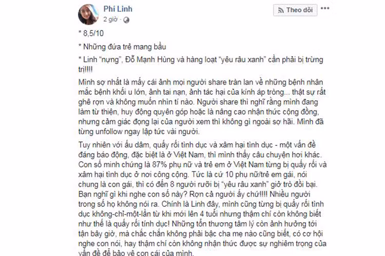 Về bộ ảnh "Những đứa trẻ mang bầu", MC Phí Thùy Linh bày tỏ quan điểm khán giả có thể phê bình nhưng không nên chỉ trích ê-kíp thực hiện hay phê phán các em bé, bố mẹ các em khi tham gia dự án này.