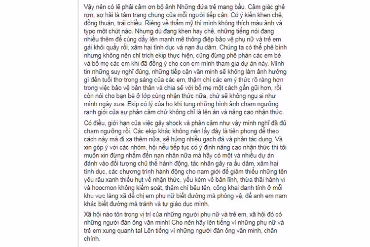 Nữ MC góp ý với các ê-kíp khác nếu tiếp tục có ý định nâng cao nhận thức về nạn xâm hại trẻ em thì không nên nhắm đến nạn nhân mà hãy đánh vào đối tượng chủ thể hành động.