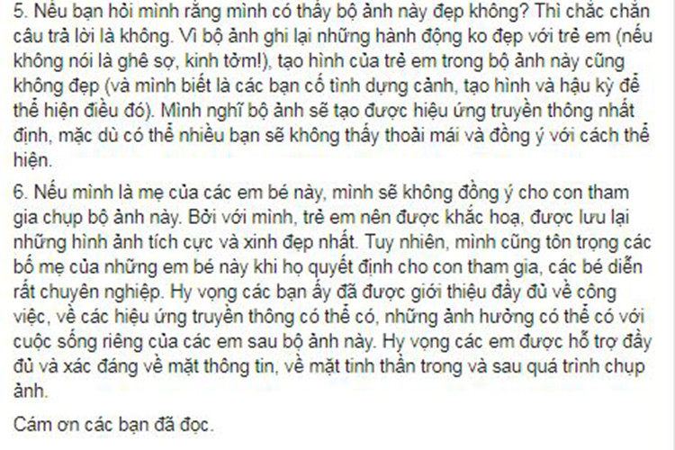 Minh Trang chia sẻ thêm nếu là mẹ của các người mẫu nhí, cô sẽ không đồng ý cho con tham gia. Tuy nhiên, cô cũng tôn trọng ý kiến của các bậc phụ huynh của các người mẫu nhí này.
