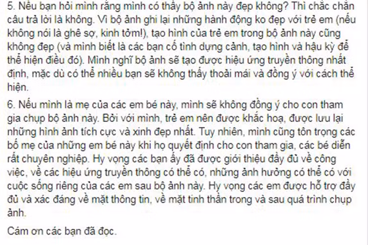 Minh Trang chia sẻ thêm nếu là mẹ của các người mẫu nhí, cô sẽ không đồng ý cho con tham gia. Tuy nhiên, cô cũng tôn trọng ý kiến của các bậc phụ huynh của các người mẫu nhí này.