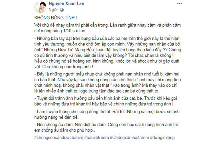 "Nên chống ấu dâm. Nên diệt ấu dâm. Cũng nên học cách dùng hình ảnh trẻ em chống ấu dâm cho phù hợp", Xuân Lan bày tỏ quan điểm.