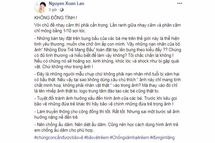 "Nên chống ấu dâm. Nên diệt ấu dâm. Cũng nên học cách dùng hình ảnh trẻ em chống ấu dâm cho phù hợp", Xuân Lan bày tỏ quan điểm.