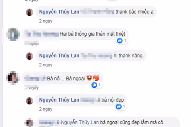 Khi một người quen để lại bình luận: "Bà nội. Bà ngoại", mẹ của Đàm Thu Trang còn khen mẹ của Cường Đô la: "Bà nội đẹp".