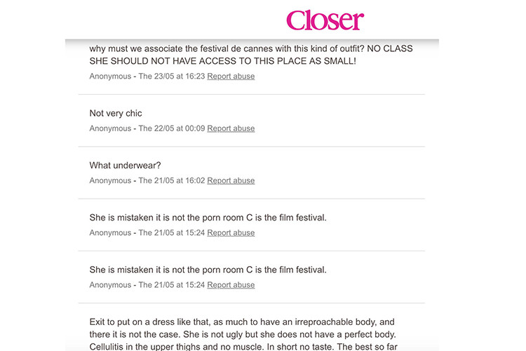 Ở phần bình luận của một bài viết về Ngọc Trinh của trang Closer Mag - Pháp, cư dân mạng chỉ trích Ngọc Trinh, thậm chí muốn cấm những cô gái như Ngọc Trinh trên thảm đỏ Cannes.