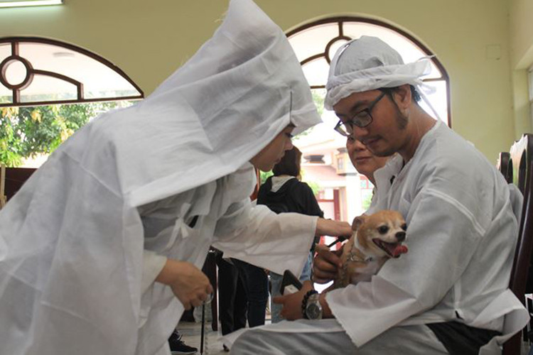 Người thân trong gia đình nghệ sĩ đưa Lucky đến lễ tang để nó có thể cận kề người chủ quá cố. Ảnh: Tiền Phong