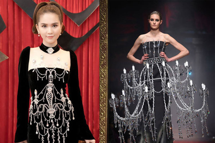 Ngọc Trinh vốn nhiều lần diện trang phục giống phiên bản gốc. Ví như như mẫu đầm đen nhung của Ngọc Trinh bị nghi lấy cảm hứng từ thiết kế của Moschino. Ảnh: Zing
