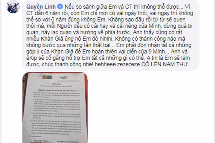 Nam MC còn động viên Nam Thư: "Anh và ê-kíp sẽ cố gắng hỗ trợ em tất cả những gì có thể. Anh tin là em sẽ làm được".
