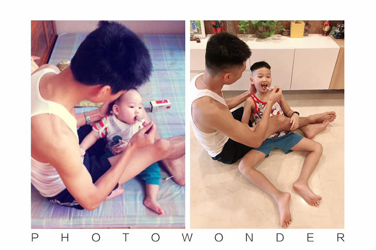 Hình ảnh ông xã của Bảo Thanh chăm sóc con trai ngay từ lúc cậu nhóc còn nhỏ.