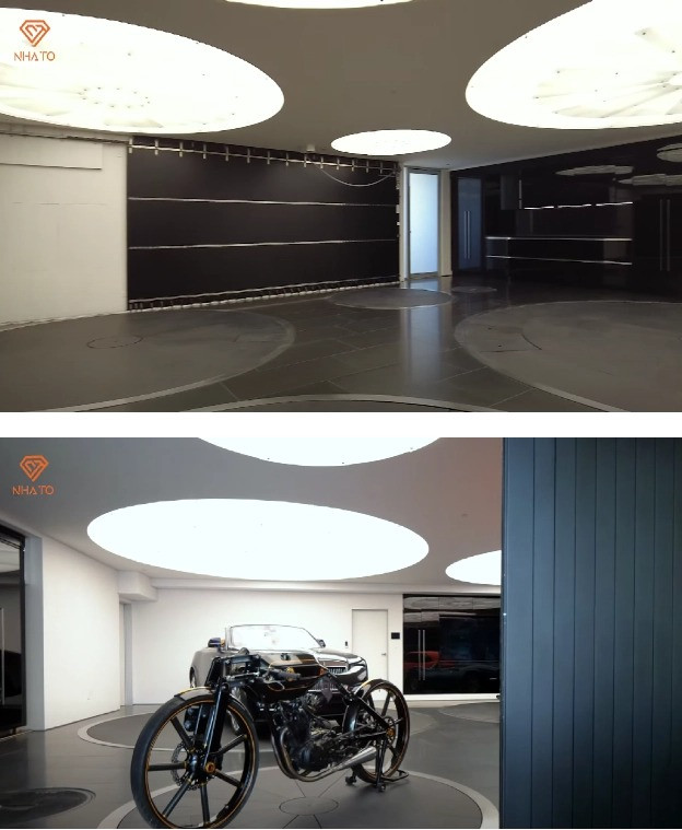 Garage không khác gì một showroom triển lãm, với ánh sáng rực rỡ, hệ thống bệ đỡ xe đều có thể xoay tròn.