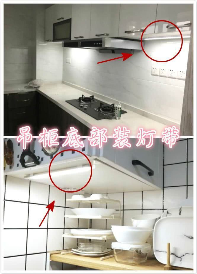 Không bố trí đèn dưới tủ bếp mà bố trí ở sau lưng thì ánh sáng sẽ bị chắn. Gia chủ thông minh sẽ lắp đèn dưới tủ bếp để có đủ ánh sáng chuẩn bị nấu ăn. Ảnh: QQ