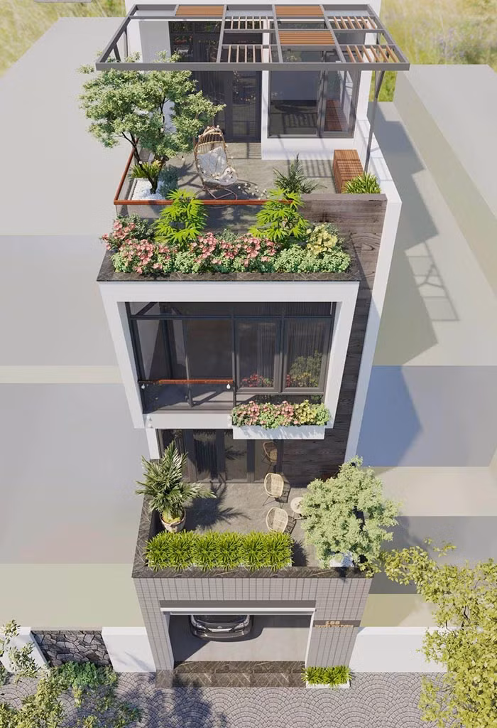 Nếu có sân sau, gia chủ có thể mở cửa sổ hoặc làm ban công các phòng ra phía sau. Nhờ đó, nhà sẽ có nhiều khoảng mở hơn, khói dễ thoát ra ngoài. Ảnh: DHB Design