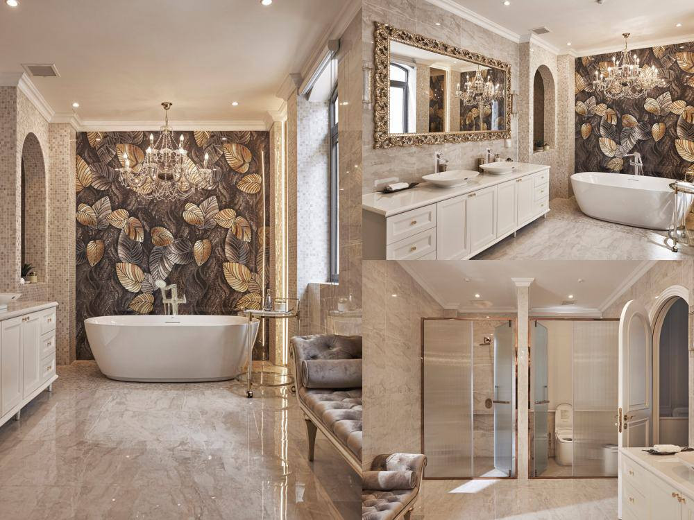 Phòng tắm sang chảnh như resort với đèn chùm lộng lẫy bằng pha lê.