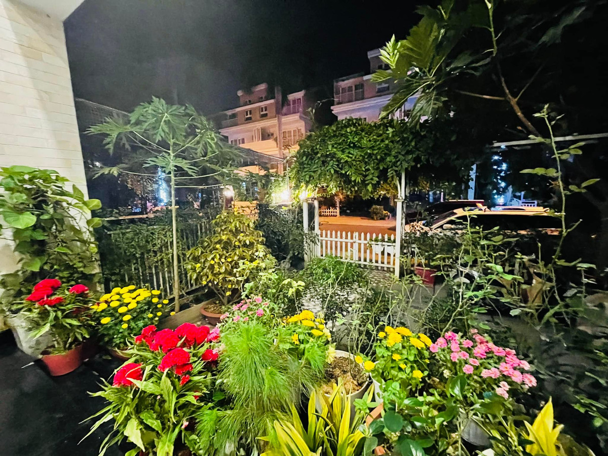 Ngôi nhà kết hợp nhiều gam màu gồm trắng, hồng, cam pastel.